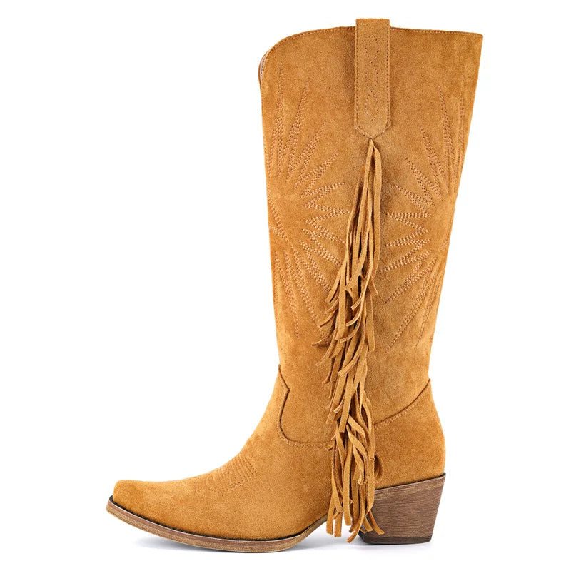 Onlymaker Women Pointed Toe Fringe Western Cowgirl Boots Fringed Chunky Heel Embroidery Retro Side Zipper Cowboy Boots
