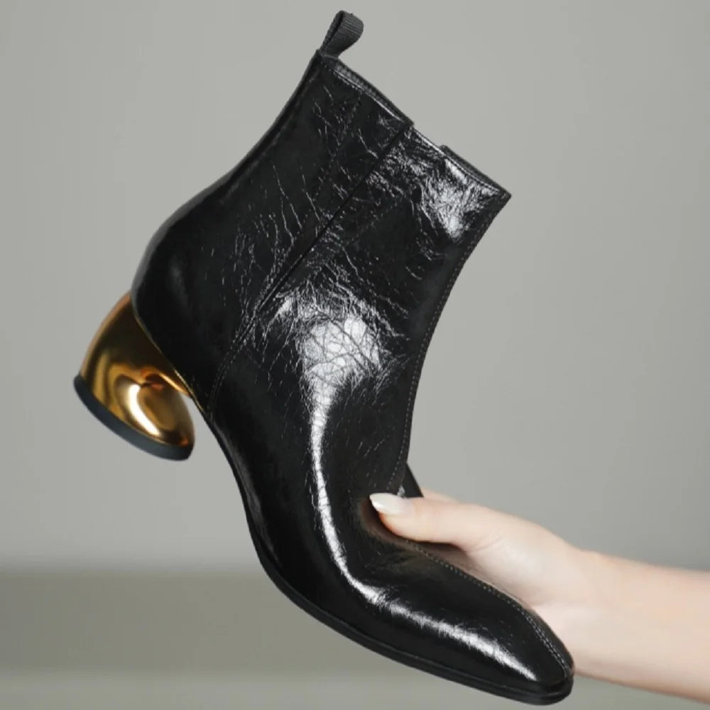 Autumn/Winter New Handmade Genuine Leather Mid Heels Women's Short Boots Square Head Side Zipper Ankle Boots