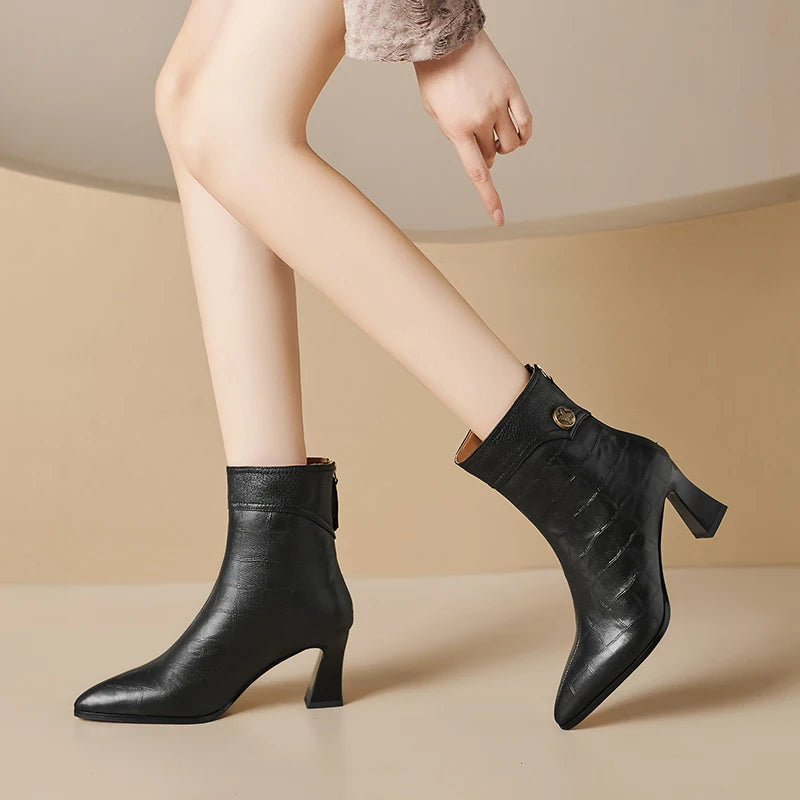 Women Handmade Genuine Leather Soft and comfortable Pointed Toe Chunky Heel Boots 34-40