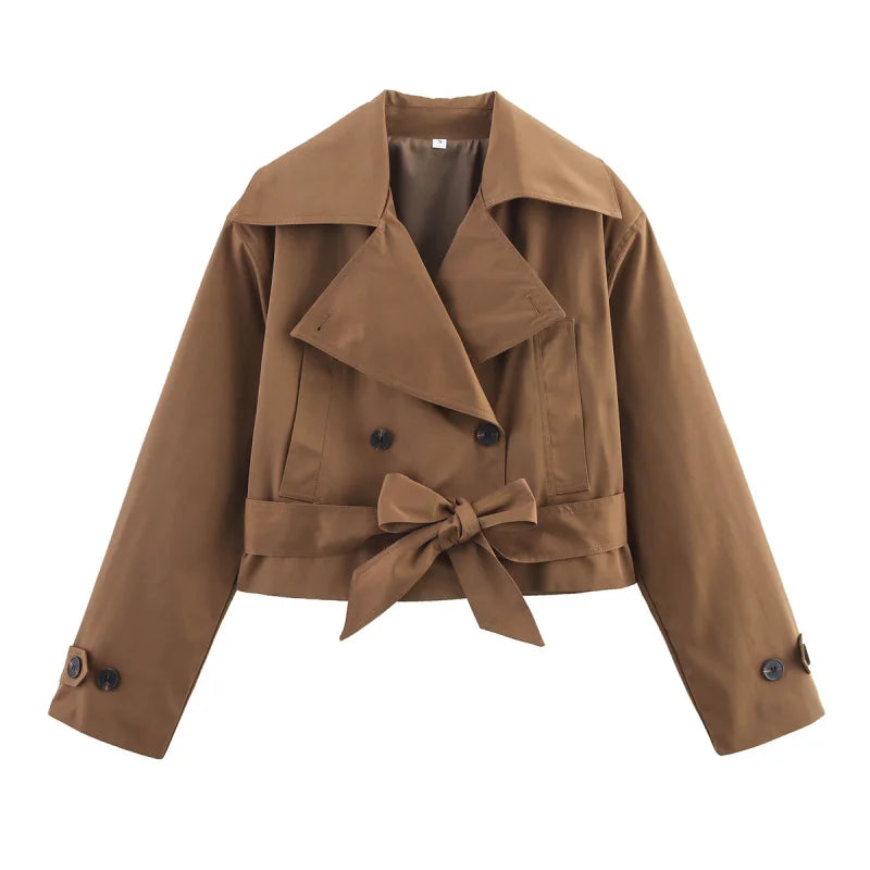 new  women's British wind trench coat style double-breasted long sleeve belt lapel jacket short coat