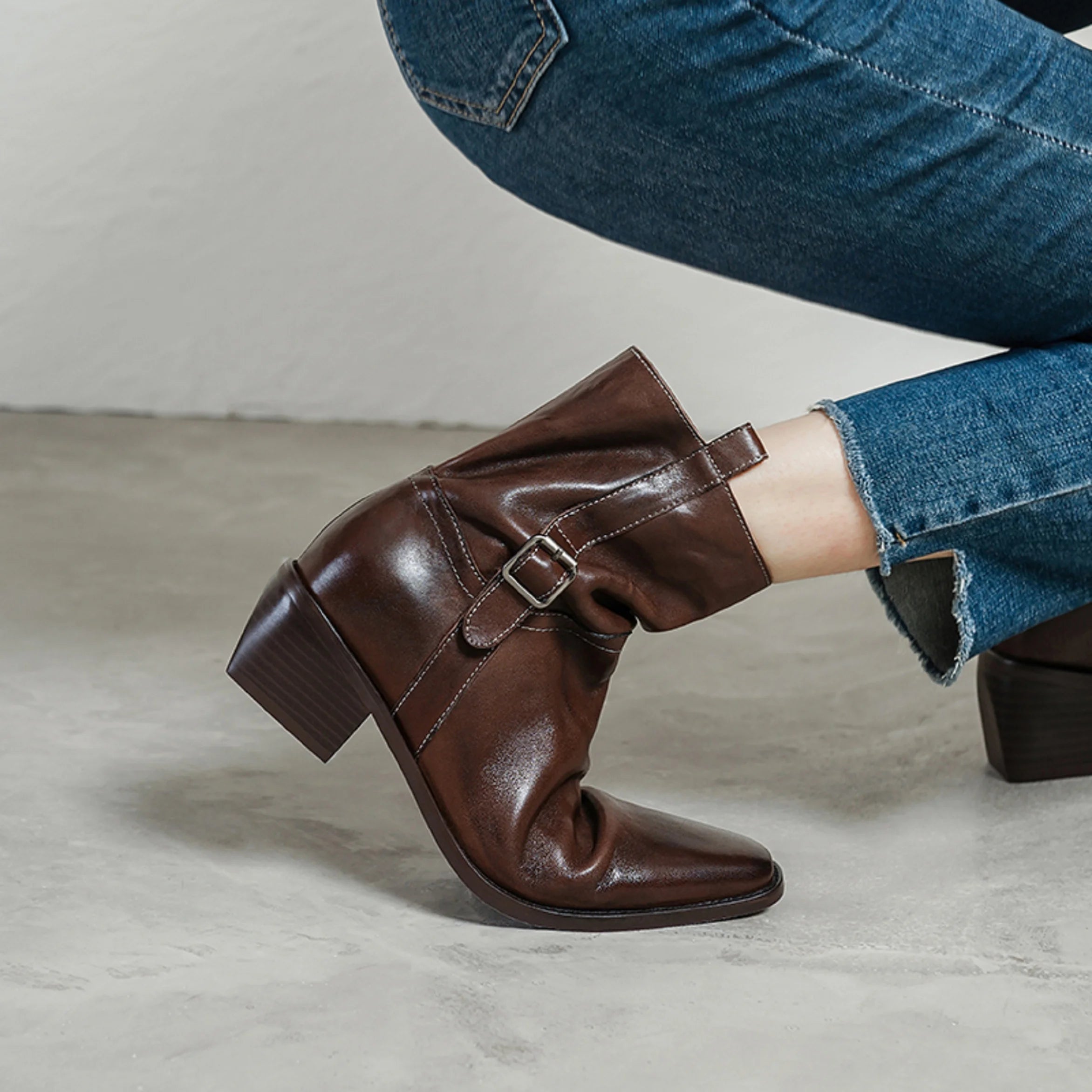 Handmade Genuine Leather Soft comfortable Ankle Boots Women New High Quality Square Mid Heel Boots Shoes 34-40