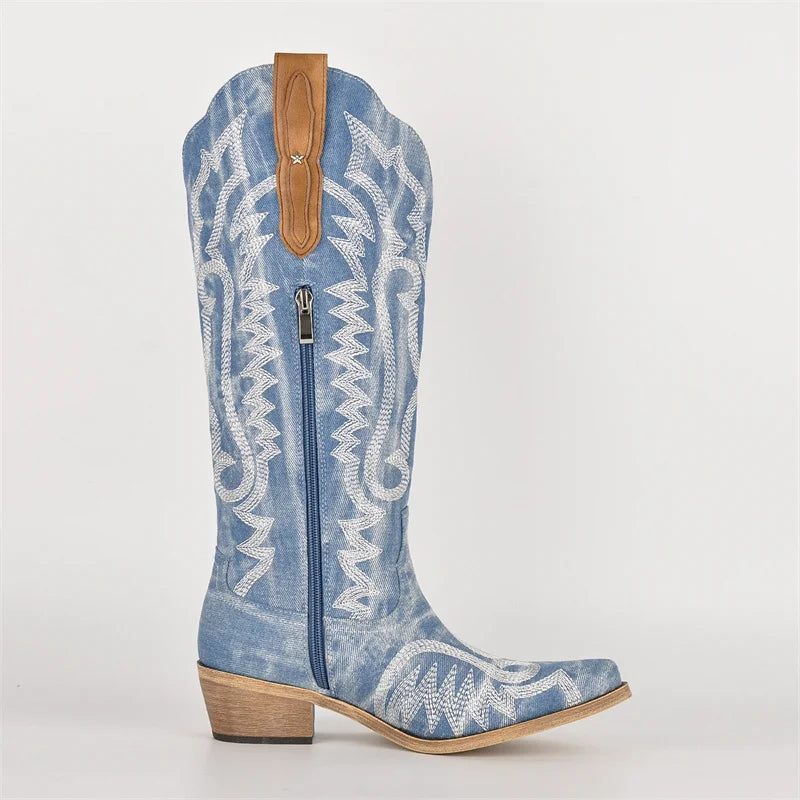 Onlymaker Women Denim Embroidery Knee High Western Boots Mid Calf   Cowboy Boots Retro Side Zipper Embroidered Western Boots