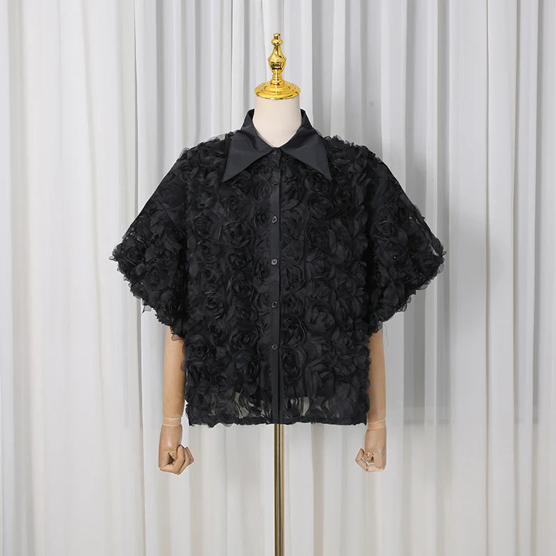 Elegant High End Style Shirts for Women Lapel Half Sleeve Patchwork Petal Stylish Temperament Black Shirt Female Spring New