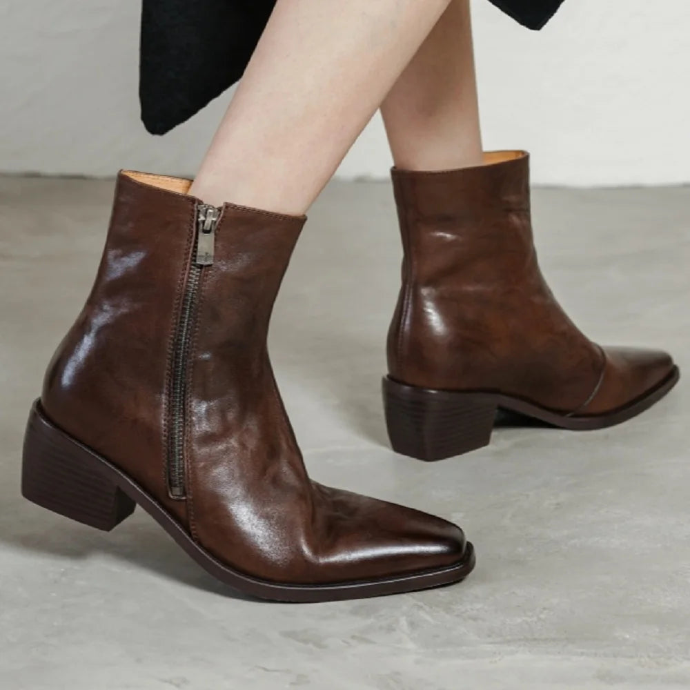 Size 34-40 New Handmade Genuine Leather Soft and comfortable Ankle Boots Zipper Chunky Mid Heels Square Toe Boot