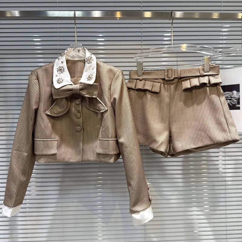 2026 Autumn New Women's Two-pieces Set Bow Tie Scarf Plaid Short Jacket Casual Versatile Belt Shorts Sets Female 11A06528