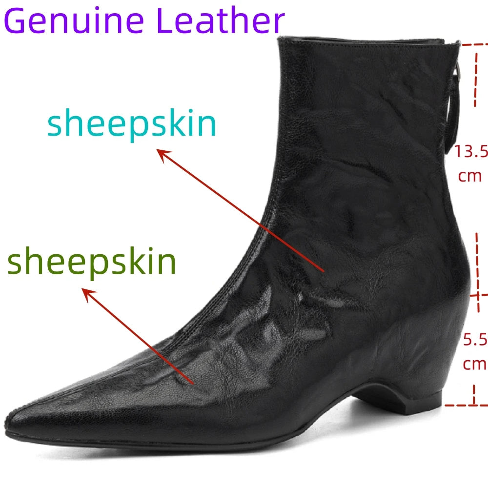 Women's Handmade Genuine Leather Short Boots Thick Heel Flat Bottom Pointed Toe Heightening Retro Boots 33-40