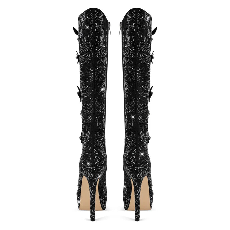 Onlymaker Women Black Platform Rhinestone Flower Knee High Boots  Crystal Side Zipper Stiletto Knee High Boots