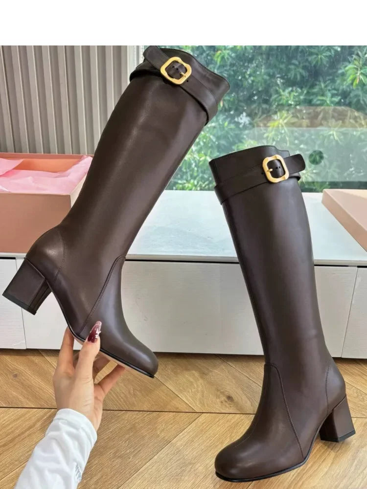 Women's New Thick High Heels Knee High Boots Autumn and Winter Round Toe Buckle Fashionable Mid Heel Boots Women's Short Boots