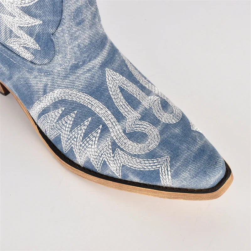 Onlymaker Women Denim Embroidery Knee High Western Boots Mid Calf   Cowboy Boots Retro Side Zipper Embroidered Western Boots