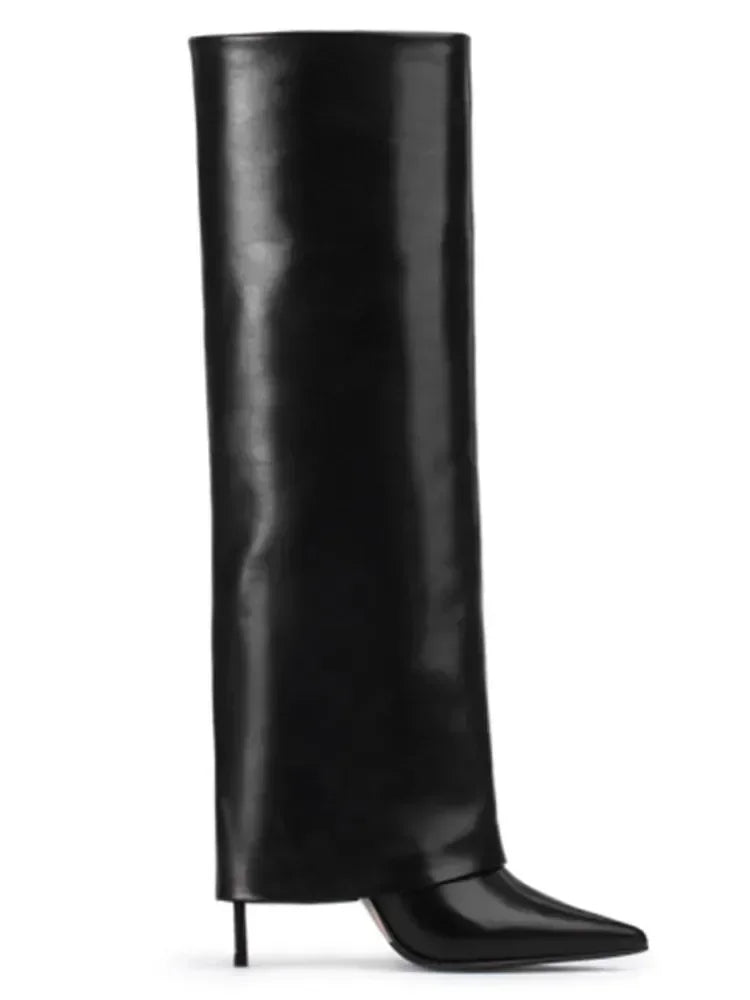 Autumn and Winter New Women's Knee High Leather Boots, Pointed Thin High-heeled Skirt Boots, Black Plus Size Long Boots