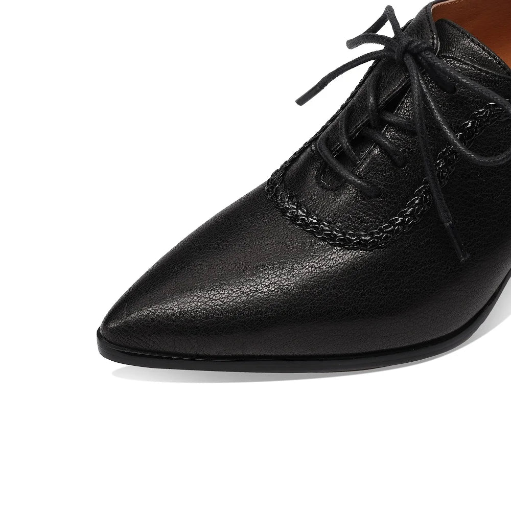 Women Handmade Genuine Leather Pointed Toe Lace-up Thick Heel Platform Retro Classic Spring Autumn 33-43