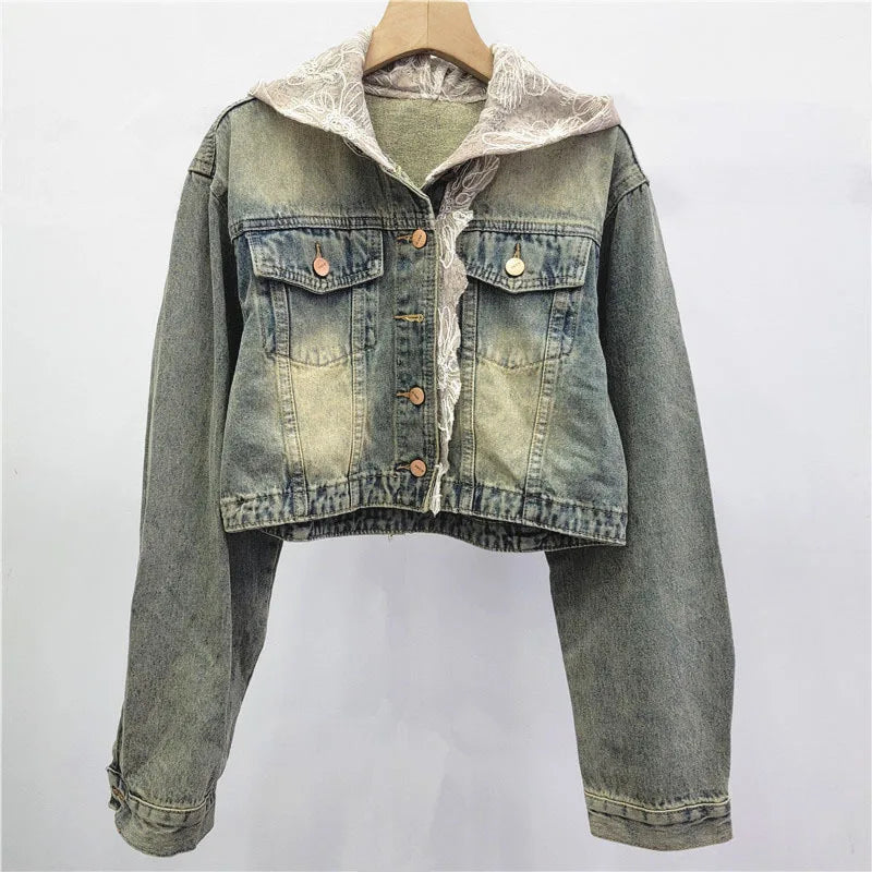 2026  Jeans Jacket Fashion New Style Lace Patchwork Hooded Denim Short Jacket For Women Single-breasted Coat Female Trend 11A08133