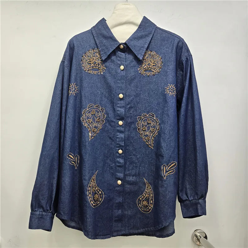 2026 Early Spring New Floral Embroidery Beaded Denim Shirt For Woomen Loose Turn-Down Collar Cardigan Female 11A08741