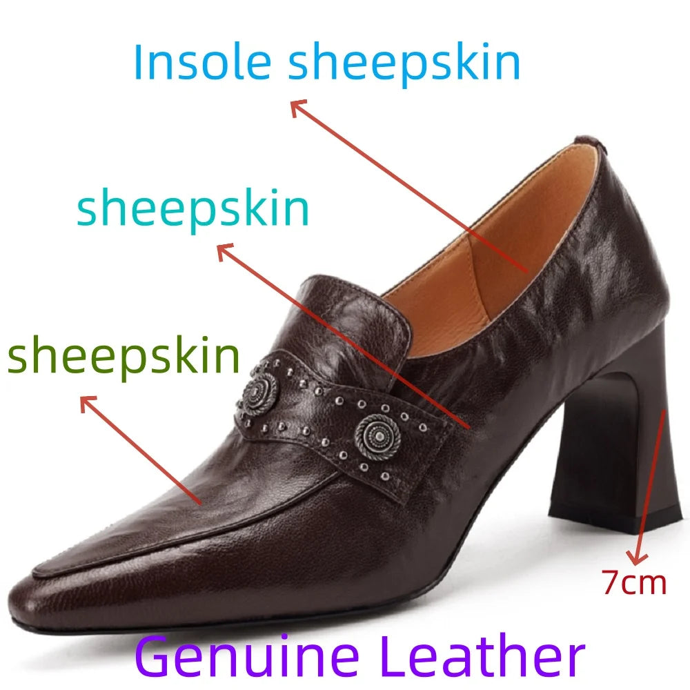 Women Handmade Genuine Leather Soft and comfortable Pointed Toe Chunky Belt Buckle High Heel Shoes 34-40
