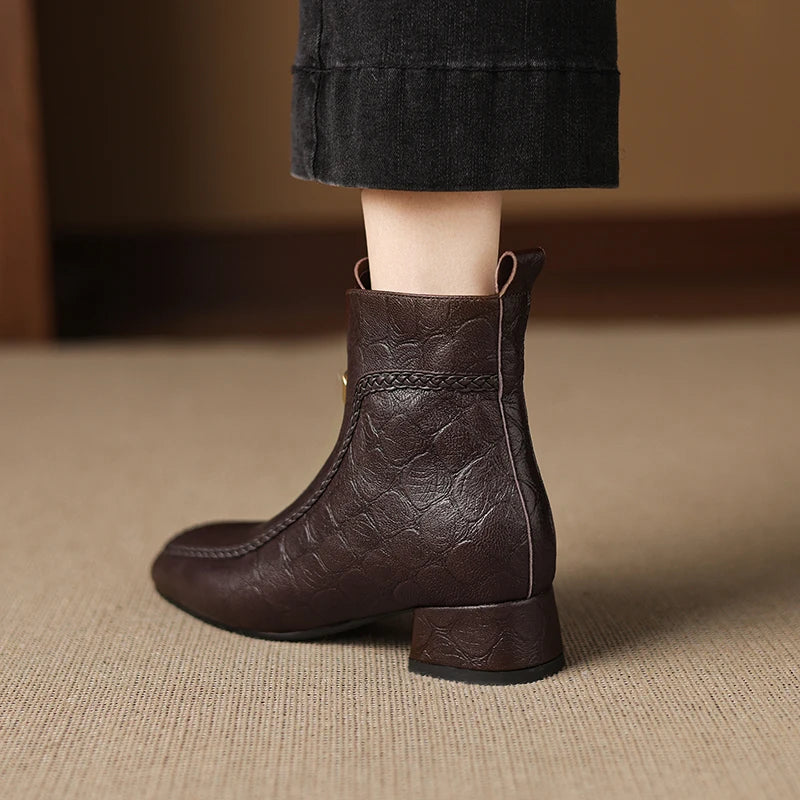 New Women Handmade Genuine Leather Soft and comfortable Square Toe Chunky Heel Shoes Modern Ankle Boots