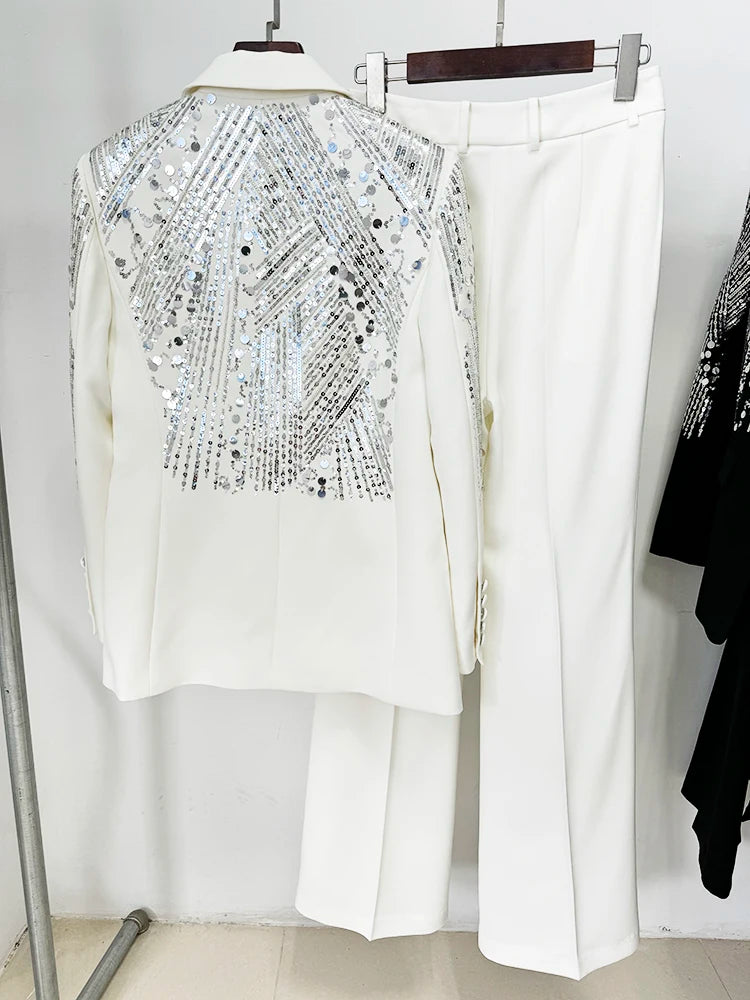 STREET Newest Fashion 2026 Designer Suit Set Women's Sequined Beading Single Button Blazer Flare Pants Set 2pcs
