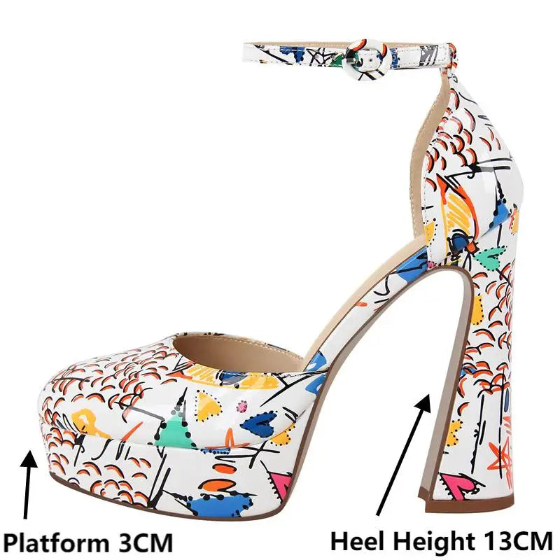 Women Round Toe Platform Ankle Strap Chunky High Heel Pumps High Heeled Party Dress Patent Leather Shoes