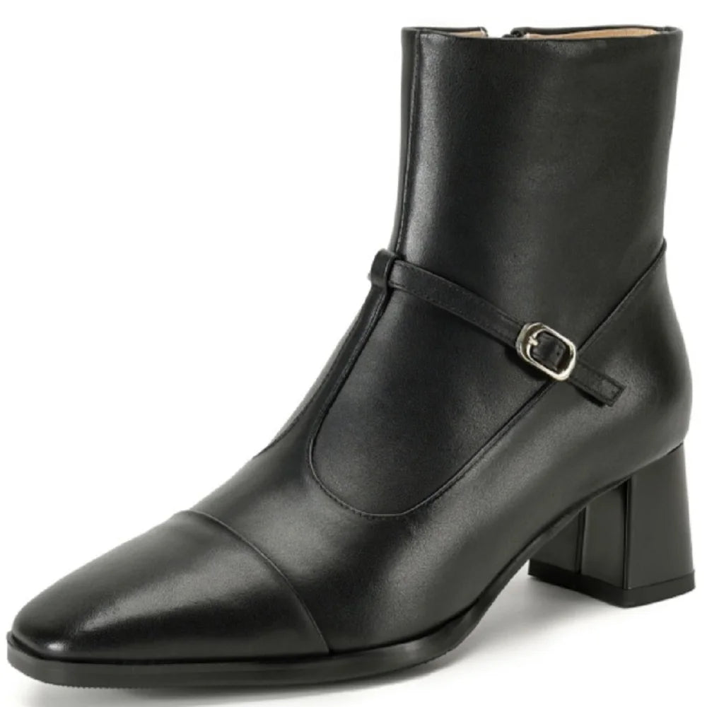 Women Handmade Genuine Leather Soft and comfortable Mid heel Ankle Boots Thick Square toe Cowboy Shoes 34-42