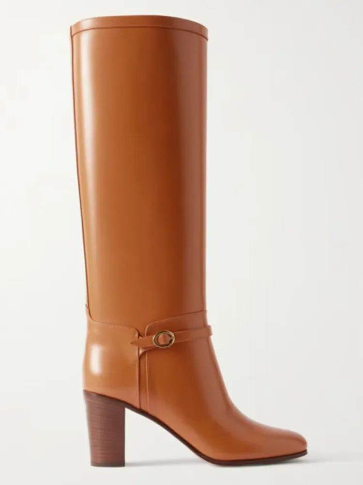 Women's Coarse High Heels Knee Length Women's Boots Round Head Fashion Women's Leather Boots 34-46 Large Medium Top Boots