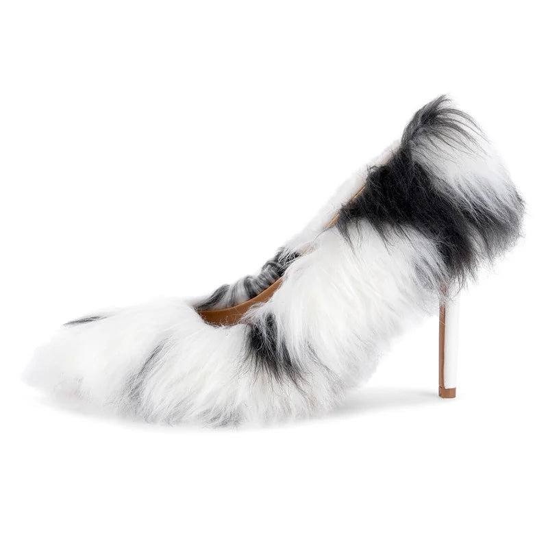 Women Pumps Brown Faux Fur  Pointed Toe 10CM Slip-On Thin Heels Party Wedding Office Lady Big Size Shoes