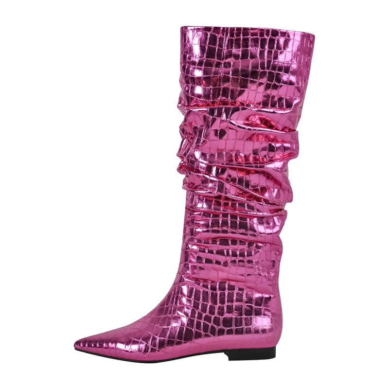Onlymaker Women Gold Pointed Toe  Pleated Flat Knee High Boots  Block Heel Pull-On Metallic Fashion Warm Winter Boots