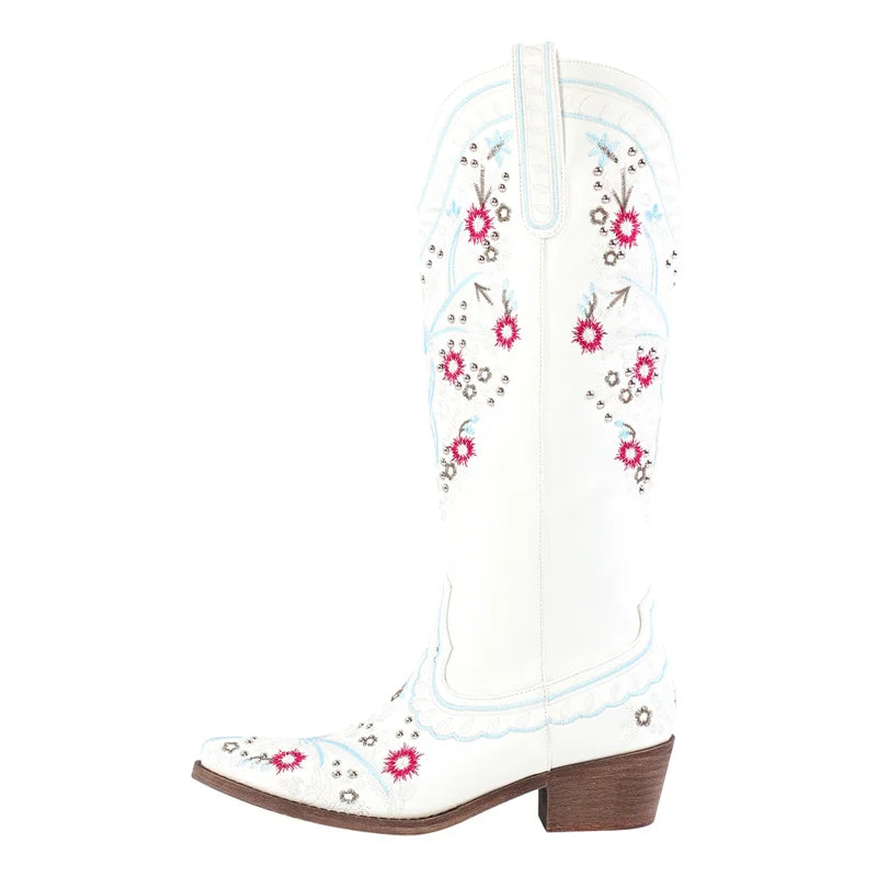 Onlymaker Women Pointed Toe Brown Embroider Flower Western Cowboy Boots Female Wide Mid Calf Boots