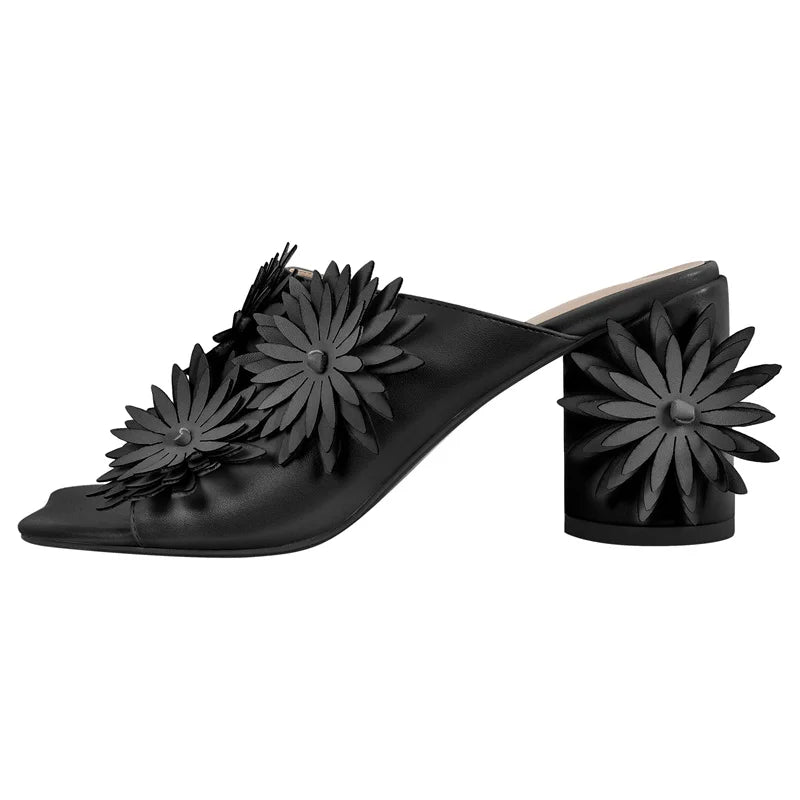 Women Square Toe Flower Mules Chunky Heels Slip On Summer Sandals