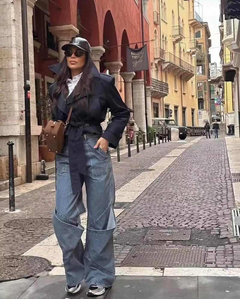 new  women's British wind trench coat style double-breasted long sleeve belt lapel jacket short coat