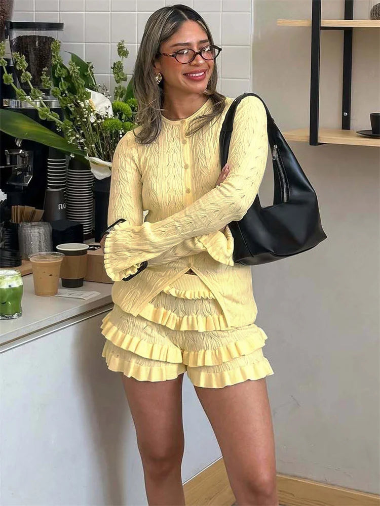 Summer Knit Ruffled 2 Piece-Set Shorts Female Patchwork Slim Casual Long Sleeve Sweater Cardigan And Women's Shorts Sets
