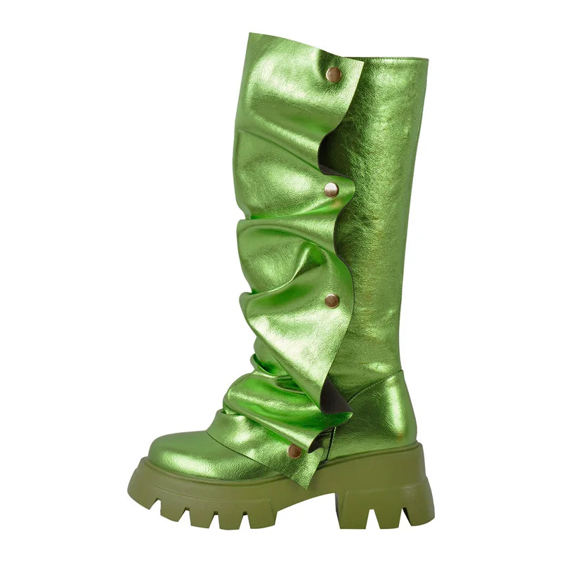 Onlymaker Women Platform Red Fold Over Boots Block Heel Round Toe Western Pull on Fashion Mid-Calf Female Boots