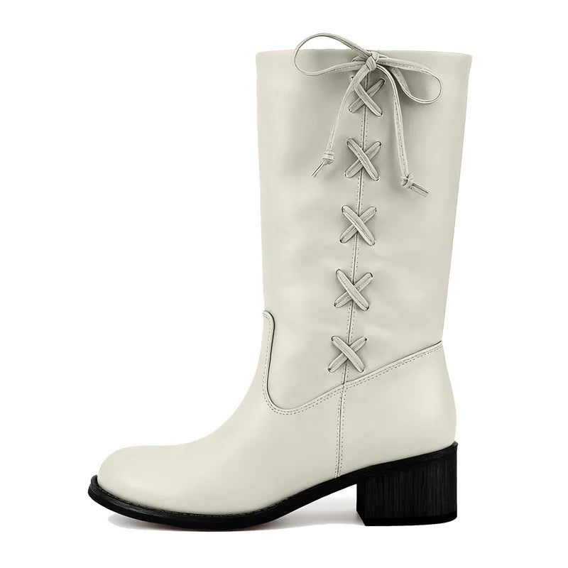 Onlymaker Round Toe Faux Suede Leather Knee-high Boots Chunky Heel Shoes Autumn Solid Slip On Fashion Elegant Boots