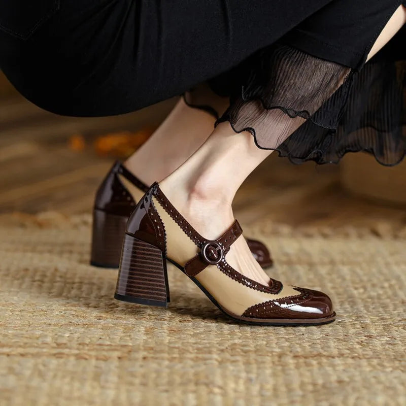 Spring/Fall Shoes Women Round Toe Chunky Heel Mary Janes Shoes Mixed Colors Women Pumps Patent Leather High Heels