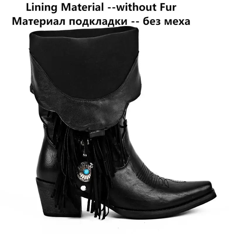 Onlymaker Women Pointed Toe Fringe  Knee High Boots Comfy Side Zipper Mid Calf Chunky Heel Embroidered Western Boots