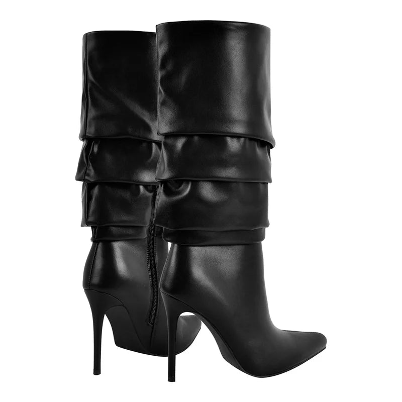 Onlymaker Women Pointed Toe Side Zipper Mid-Calf Boots Thin High Heel Lady  Female High  Stiletto Pleated Boots
