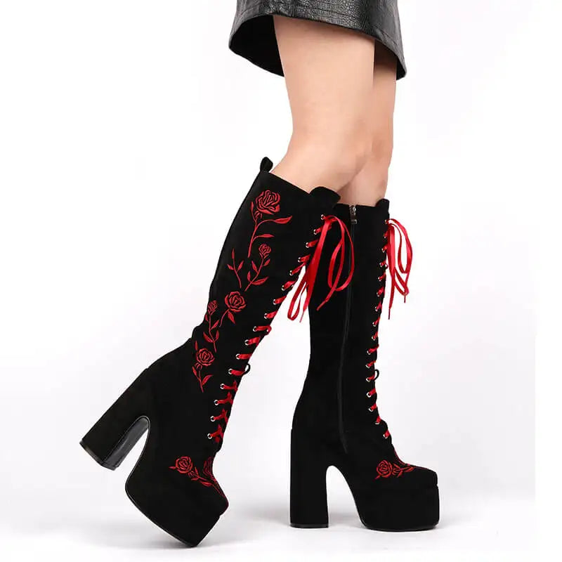 Onlymaker Round Toe Floral Embroidery Platform Boots Chunky Heel Side Zipper Lace-up Knee High Punk Boots