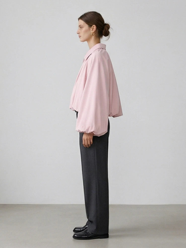 Women Fashion Pink Front Zipper Pleated Loose Bomber Jackets Vintage Lapel Neck Long Sleeves Female Chic Lady Outfits