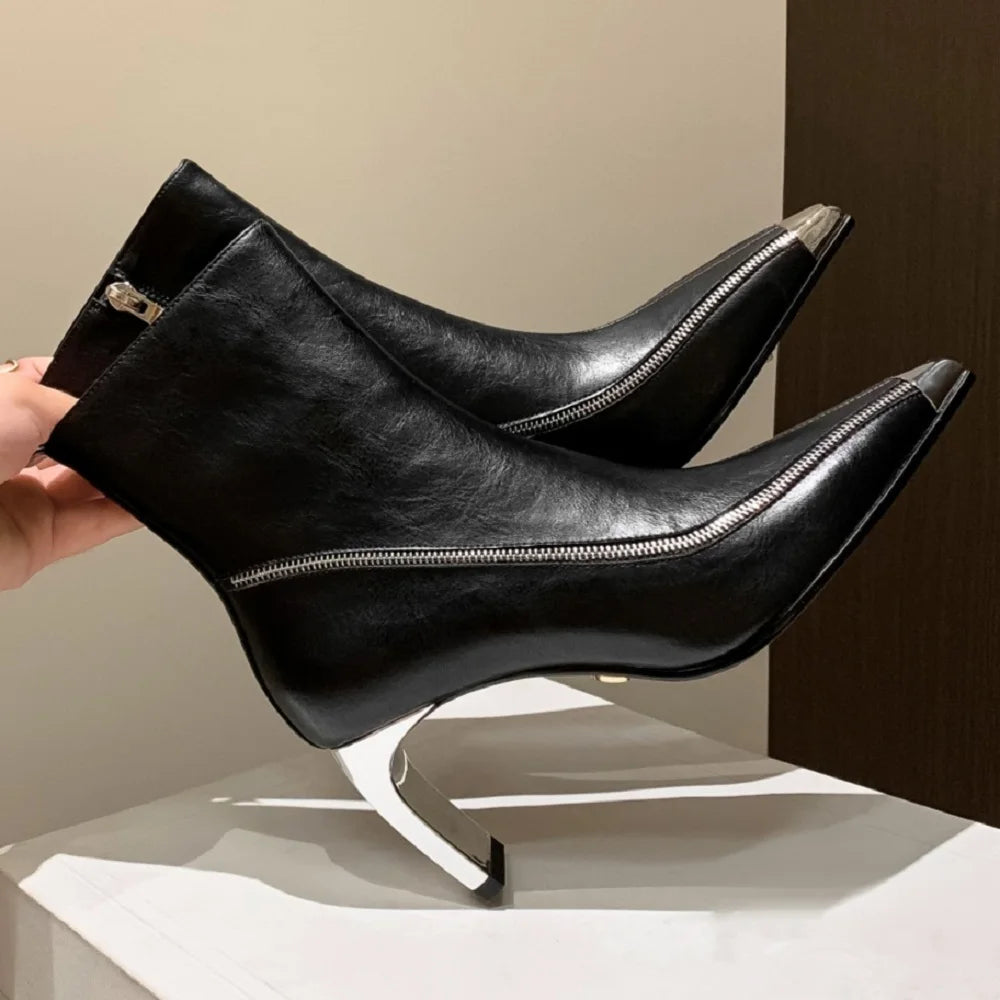 New Brand Handmade Sexy Genuine Leather Female Pointed Toe Zipper Boots Mid Heels Ankle Boots 33-40