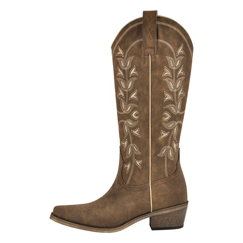 Onlymaker Women Western Cowboy Boots Pointed Toe  Embroidered  Block Heel Fashion Side Zipper Cowgirl Boots