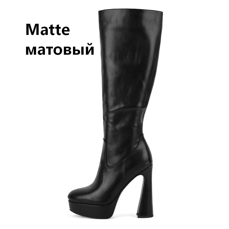 Onlymaker Black Platform Knee High Boots with Thin Heel Side Zipper Boots