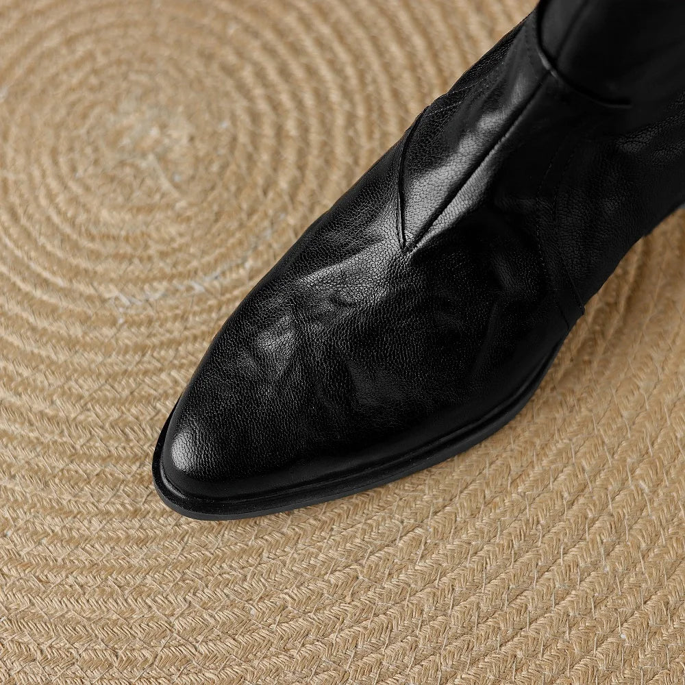 Handmade Genuine Leather Western Cowboy Women's Pointed Toe Short Boots British Style Mid Heel Boots 34-40