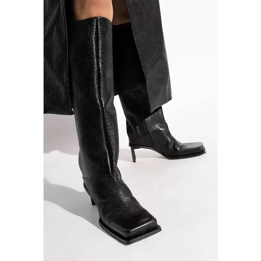 2026 New Fashionable Square Head High Heels Women's Knee Length Boots with Side Zipper Stone Pattern Women's Mid Length Boots