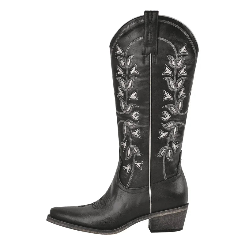 Onlymaker Women Western Cowboy Boots Pointed Toe  Embroidered  Block Heel Fashion Side Zipper Cowgirl Boots