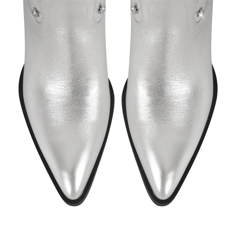Onlymaker Women Pointed Toe Mid-Calf Boot Sliver Thick Heels Zipper Winter Plus Size Cowboy Boots