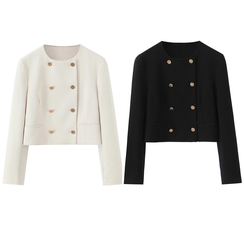 Women Cropped Double Breasted Blazer Jacket O-neck Long Sleeves for Office Lady Outerwear Coat