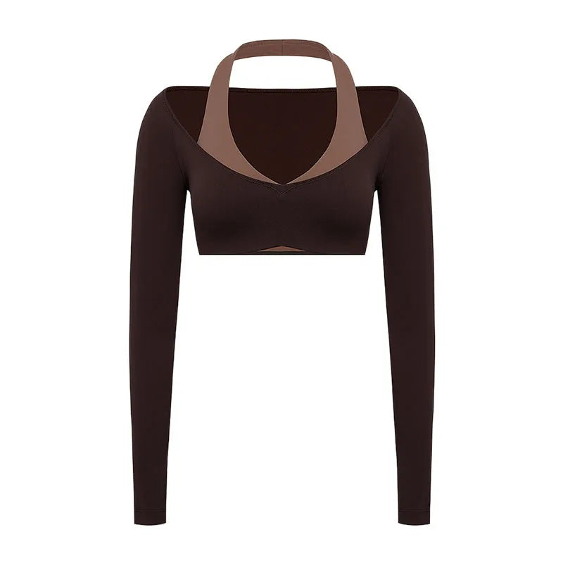 Women's Fake Two-Piece Sports Long Sleeve Halter Neck Pilates Yoga Shirt Slim Fit Fitness Sports Top Leggings Workout Tights