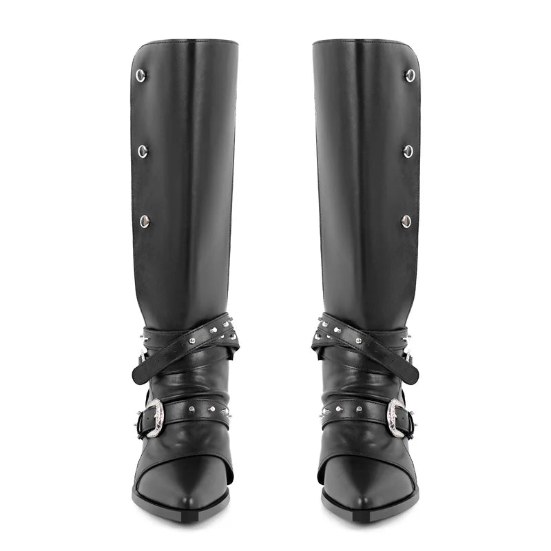 Onlymaker Women Pointed Toe Black Buckle Block Heel Knee High Boots