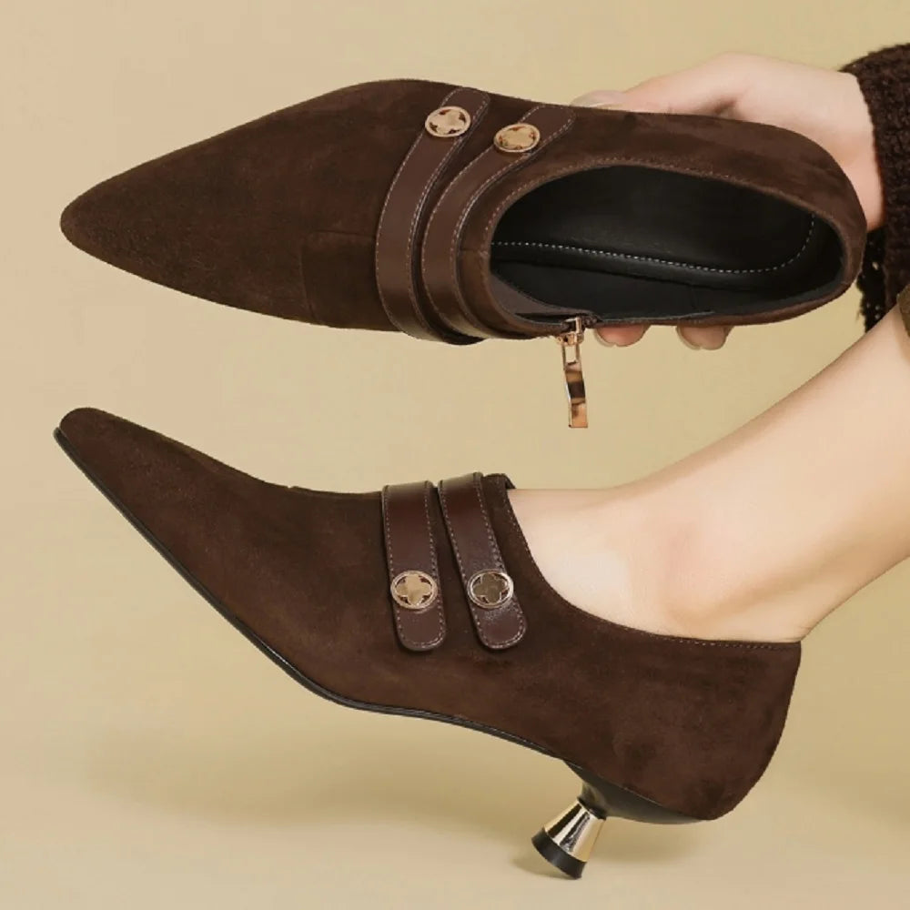Women Handmade Genuine Leather Point Toe Ladies Elegant Shoes Soft Mid Heel Outdoor Dress Shoes 34-40