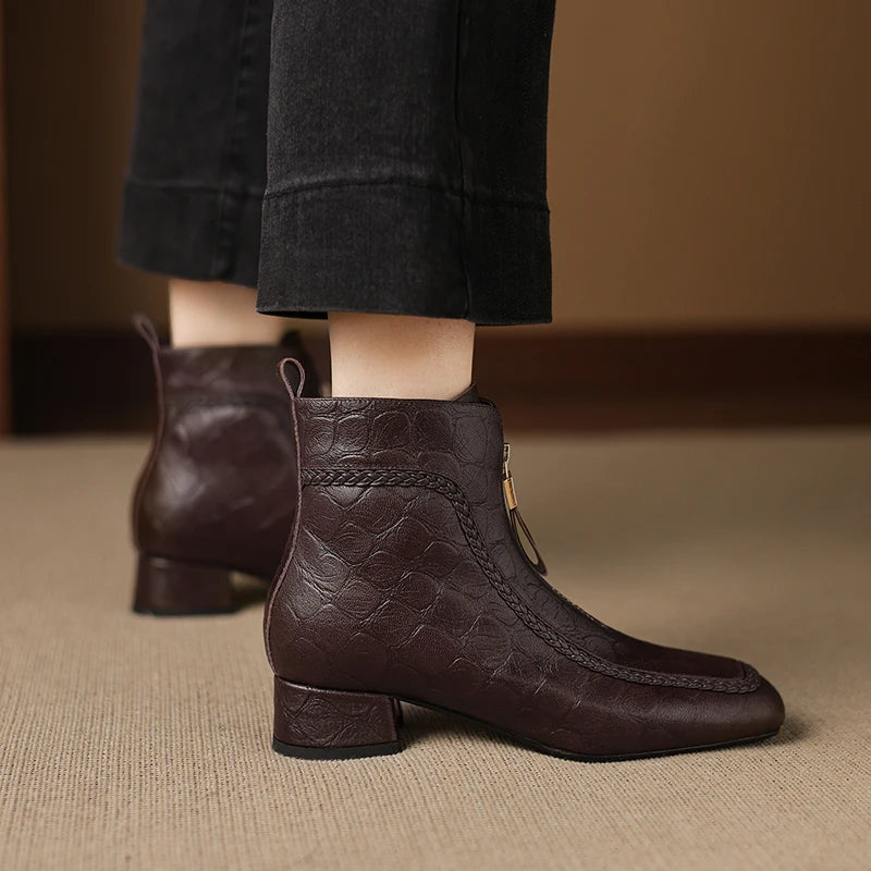 New Women Handmade Genuine Leather Soft and comfortable Square Toe Chunky Heel Shoes Modern Ankle Boots