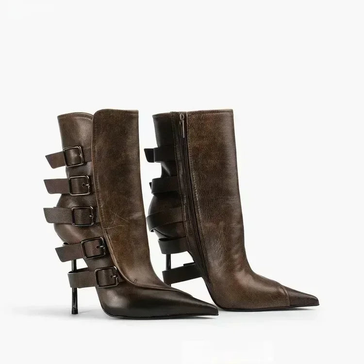 2026 New Belt Buckle Stiletto High Heels Knee Length Boots Autumn/Winter Women's Fashion Pointed Party 34-46 Large Medium Boots