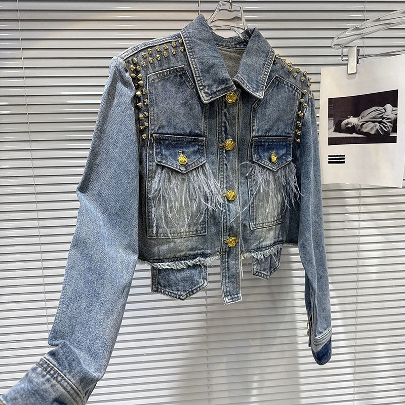 2026 Autumn New Street Style Heavy Industry Rivet Denim Jacket For Women Feather Beaded Wide-leg Shorts Female 11A06375